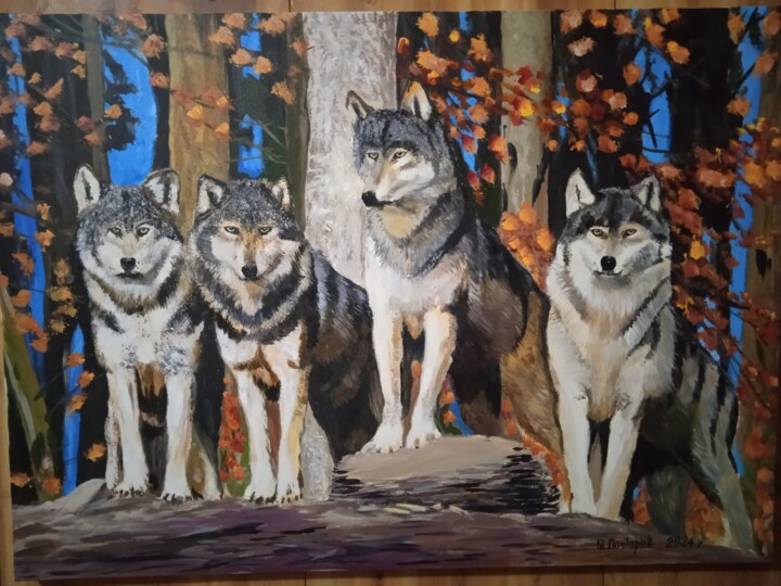 Pintura titulada "волки на охоте" por Shamil Pochtarev, Obra de arte original, Acrílico