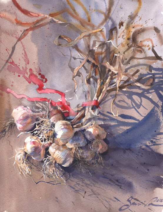 Painting titled "Garlic" by Samira Yanushkova, Original Artwork, Watercolor