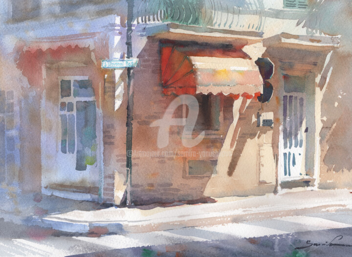 Painting titled "Sunny street" by Samira Yanushkova, Original Artwork, Watercolor