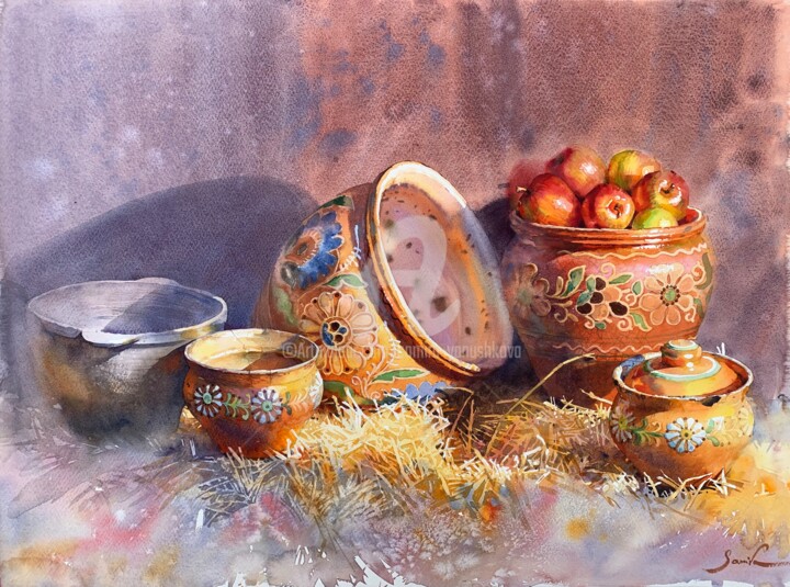 Peinture intitulée "Makitra - Ukrainian…" par Samira Yanushkova, Œuvre d'art originale, Aquarelle