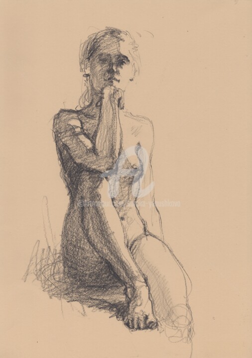 Рисунок под названием "Nude art 2021/03" - Samira Yanushkova, Подлинное произведение искусства, Древесный уголь