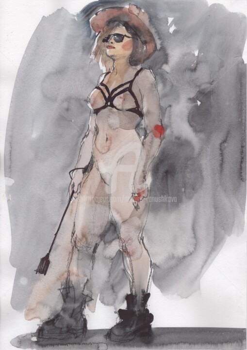 Painting titled "Femdom Nude art" by Samira Yanushkova, Original Artwork, Watercolor