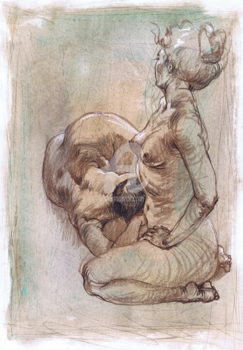 Рисунок под названием "Embracing Ethereal…" - Samira Yanushkova, Подлинное произведение искусства, Акварель