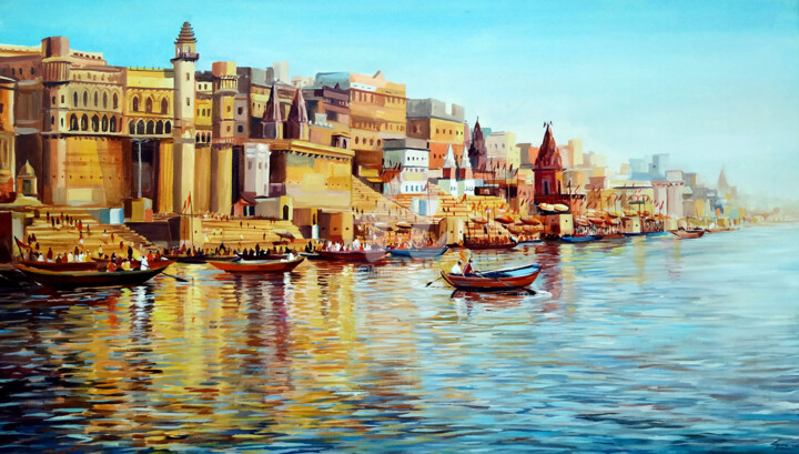 Painting titled "Varanasi Ghat At Mo…" by Samiran Sarkar, Original Artwork, Acrylic