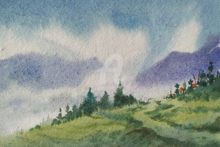 Ζωγραφική με τίτλο "Cloudy Foggy Himala…" από Samiran Sarkar, Αυθεντικά έργα τέχνης, Ακουαρέλα