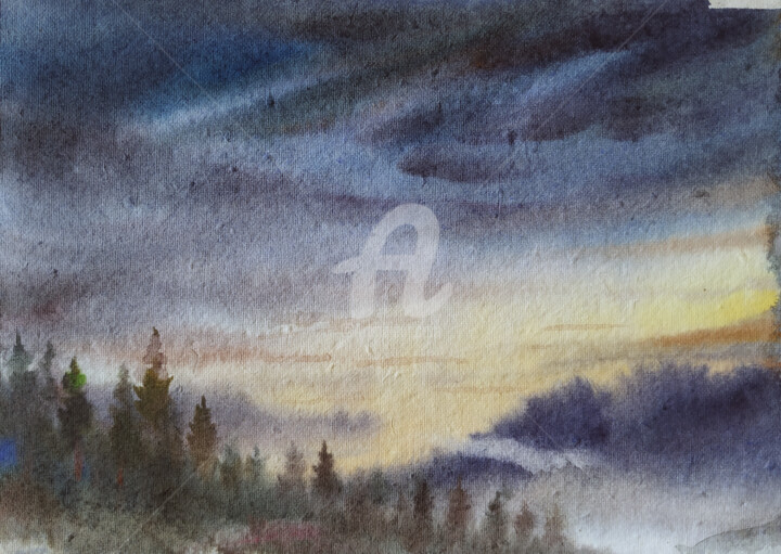 Painting titled "Cloudy Sunset  Hima…" by Samiran Sarkar, Original Artwork, Watercolor