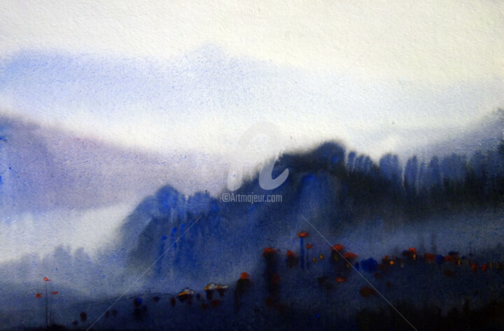 Картина под названием "Misty Himalaya Moun…" - Samiran Sarkar, Подлинное произведение искусства, Акварель