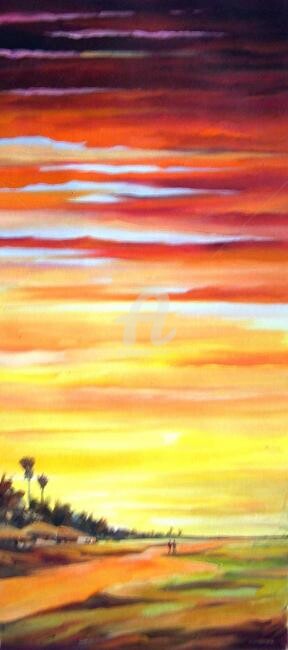Malerei mit dem Titel "Sunset on Village R…" von Samiran Sarkar, Original-Kunstwerk, Öl