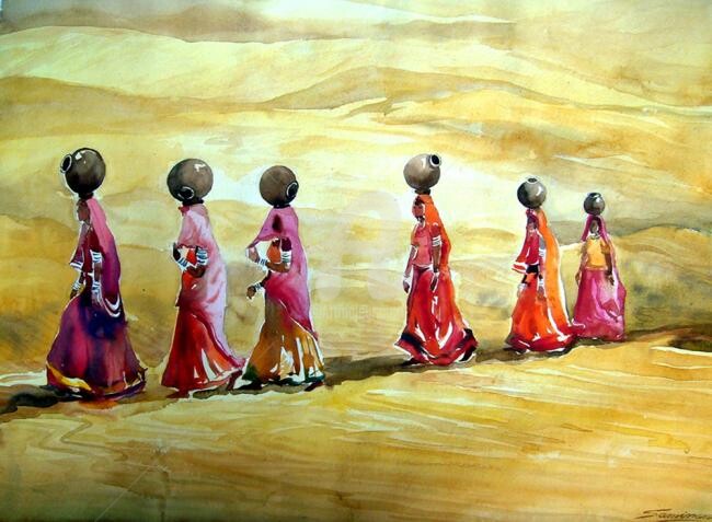 Painting titled "Rajesthani Village…" by Samiran Sarkar, Original Artwork, Oil