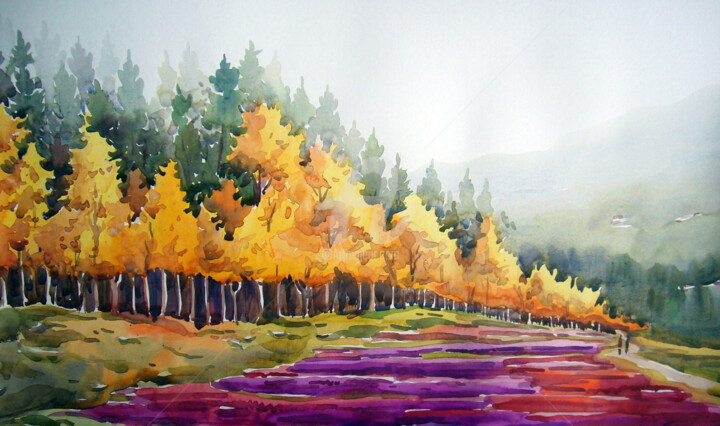 Schilderij getiteld "Beauty of Autumn Fo…" door Samiran Sarkar, Origineel Kunstwerk, Aquarel