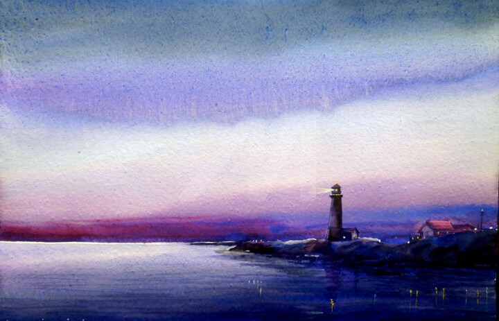 Painting titled "Lighthouse at Night…" by Samiran Sarkar, Original Artwork, Watercolor