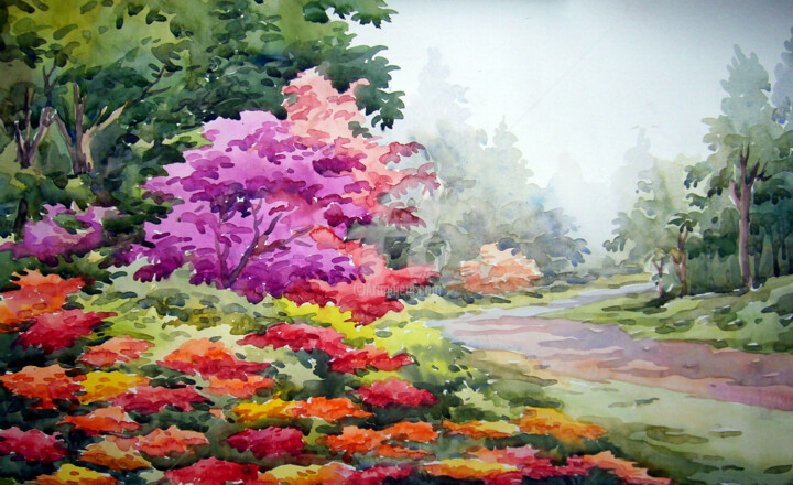 On　Beauty　Gardens-Watercolor　絵画　Of　Artmajeur　Samiran　Flower　P,　Sarkarによって