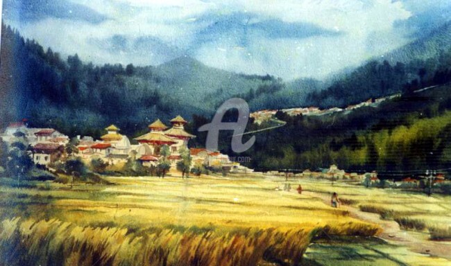 Painting titled "Landscape of Nepal" by Samiran Sarkar, Original Artwork