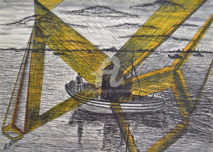 Drawing titled "LE PÊCHEUR" by Salvador  Moreno, Original Artwork, Marker