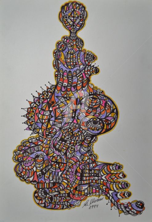 Drawing titled "PARTICULES COSMIQUES" by Salvador  Moreno, Original Artwork, Marker