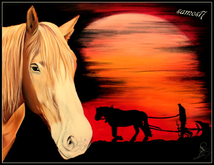 Drawing titled "dessin cheval au pa…" by Samos17 Portraitiste, Original Artwork, Pastel