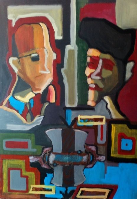 Peinture intitulée "L'Interview" par Sorin Olteanu, Œuvre d'art originale, Acrylique