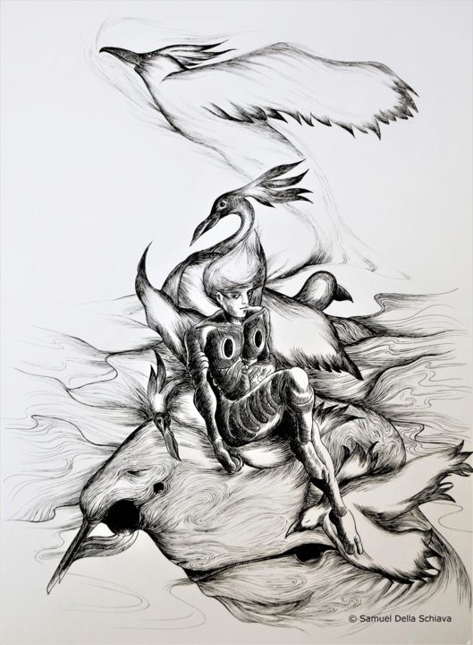 Desenho intitulada "Oiseaux / Birds" por Samuel Della Schiava, Obras de arte originais, Tinta