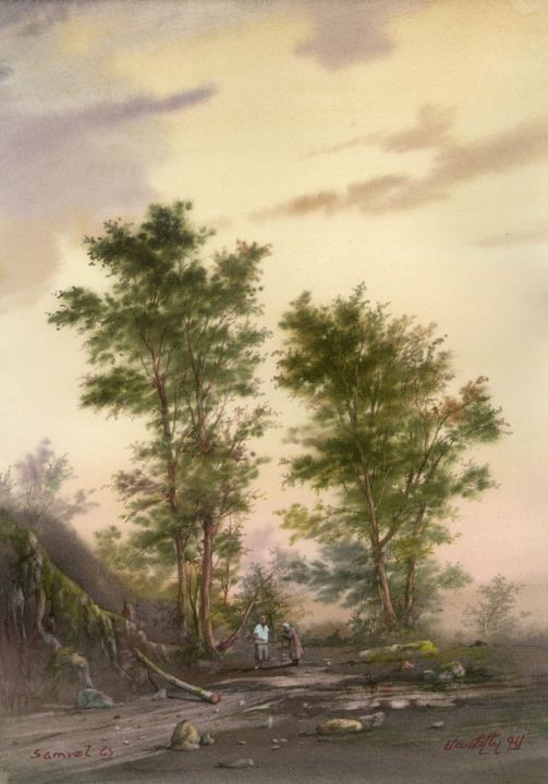 Painting titled "Landscape in the en…" by Samvel Galstyan, Original Artwork, Watercolor