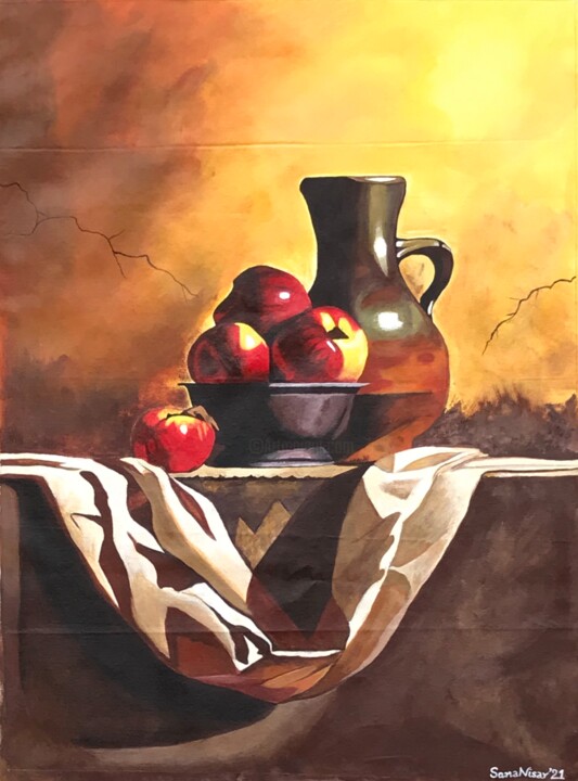 Painting titled "Pewter and apples" by Sana Nisar, Original Artwork, Acrylic