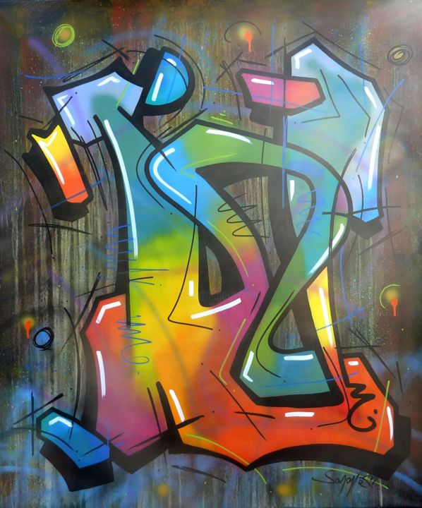 Painting titled "" W "" by Saname, Original Artwork, Spray paint Mounted on Wood Stretcher frame