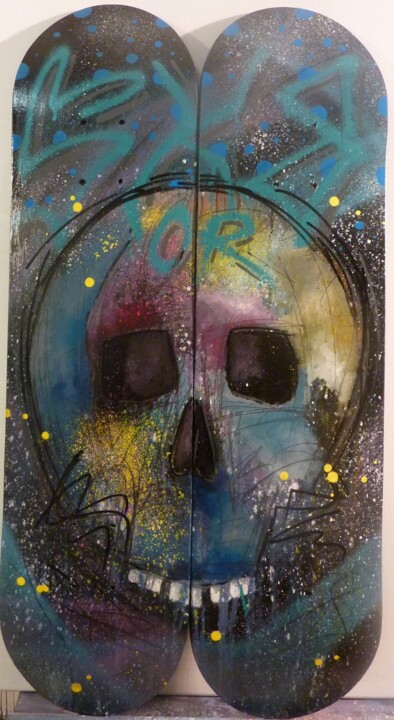 Painting titled "SK8 or die" by Saname, Original Artwork, Spray paint Mounted on Wood Panel
