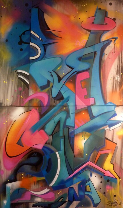 Schilderij getiteld "Tag n° 2301" door Saname, Origineel Kunstwerk, Graffiti Gemonteerd op Frame voor houten brancard