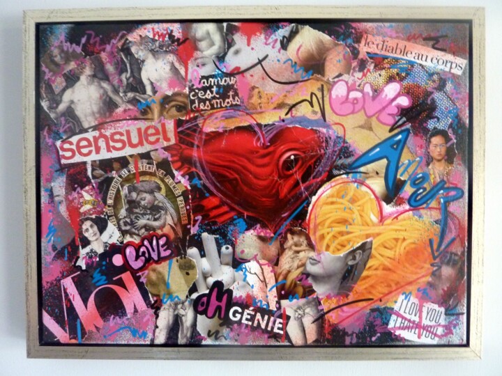 Collages getiteld "L'amour c'est des m…" door Saname, Origineel Kunstwerk, Collages Gemonteerd op Frame voor houten brancard