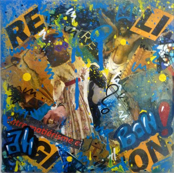 Collages getiteld "Religion" door Saname, Origineel Kunstwerk, Collages Gemonteerd op Frame voor houten brancard