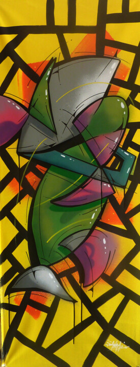 Malarstwo zatytułowany „Fish n°2311” autorstwa Saname, Oryginalna praca, Farba w spray'u Zamontowany na Drewniana rama noszy