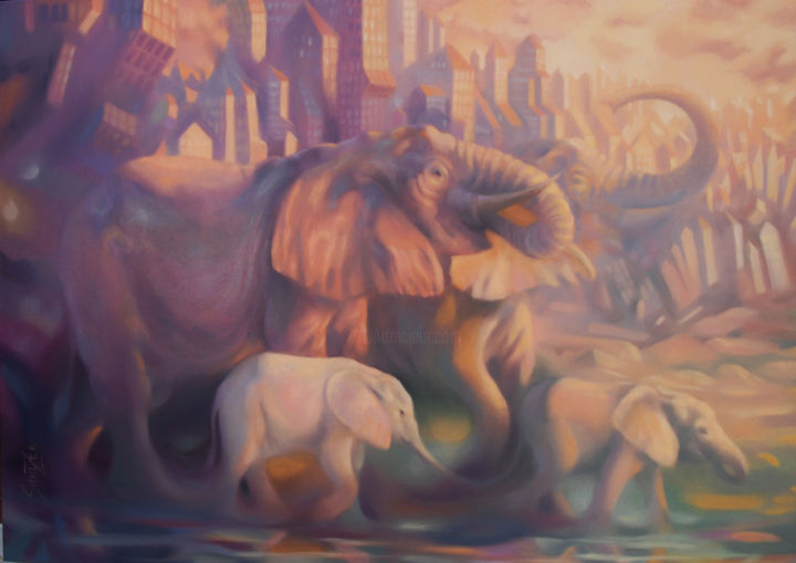 Schilderij getiteld ""Urban Elephants"" door Sana Zee, Origineel Kunstwerk, Olie