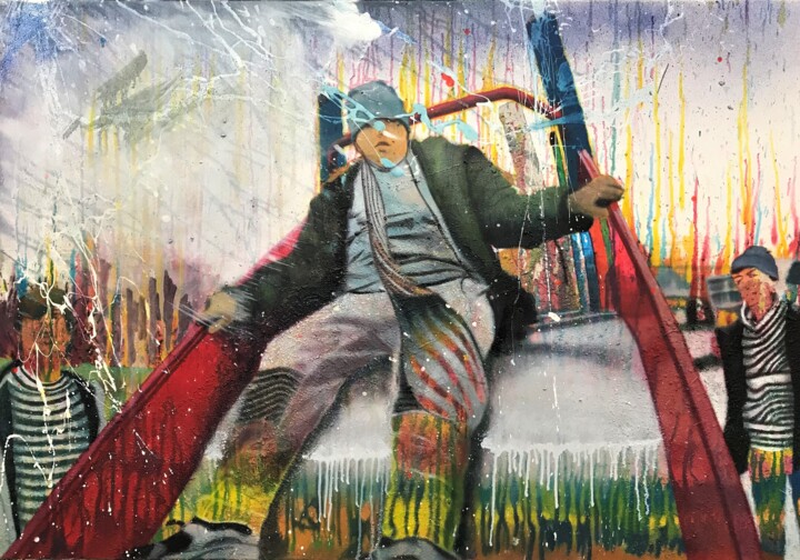 Painting titled "Toboggan" by Sánchez Gruffy, Original Artwork, Oil Mounted on Wood Stretcher frame