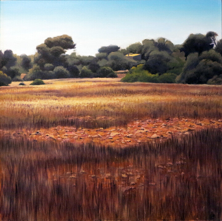 Painting titled "Fields" by Sand, Original Artwork, Oil Mounted on Wood Stretcher frame