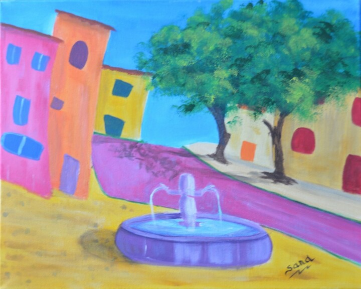Painting titled "La fontaine ensolei…" by Sand Art Paint, Original Artwork, Acrylic