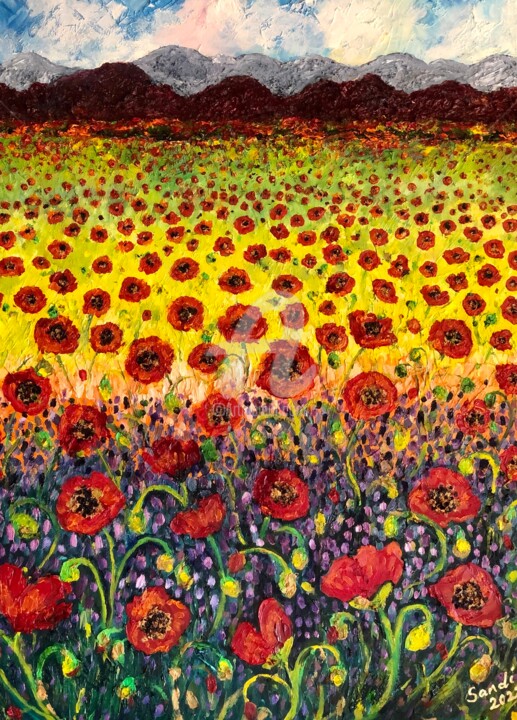 Painting titled "Poppies" by Sandi, Original Artwork, Oil Mounted on Wood Stretcher frame