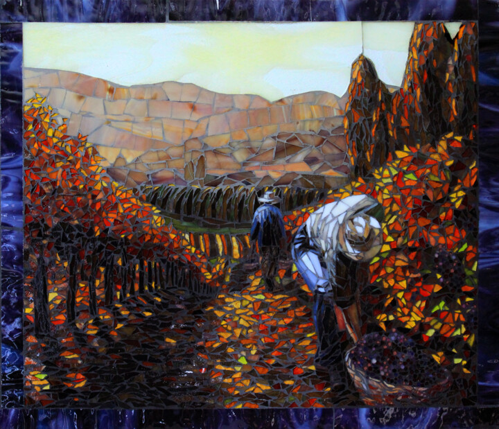 Peinture intitulée "Autumn Vineyard" par Sandra Bryant, Œuvre d'art originale, Mosaïque Monté sur Autre panneau rigide