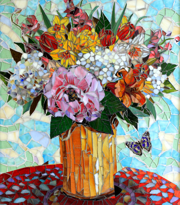 Painting titled "Cape Cod Floral" by Sandra Bryant, Original Artwork, Mosaic Mounted on Other rigid panel