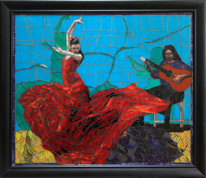 Painting titled "Flamenco Dancers" by Sandra Bryant, Original Artwork, Mosaic Mounted on Other rigid panel