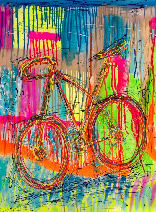 Painting titled "biking under the ra…" by Sandra Cremonese, Original Artwork, Acrylic