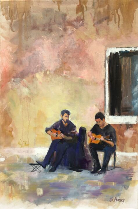 Painting titled "Venice Musicians" by Sandra Haney, Original Artwork, Oil Mounted on Wood Stretcher frame
