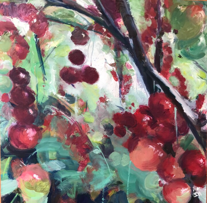 Painting titled "Redcurrant Bush 2" by Sandra Haney, Original Artwork, Oil Mounted on Wood Panel