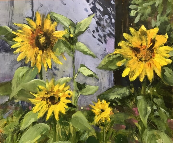 Painting titled "Sunflowers & Shed 2" by Sandra Haney, Original Artwork, Oil Mounted on Other rigid panel
