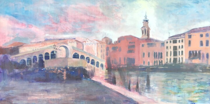 Schilderij getiteld "Rialto Bridge at Du…" door Sandra Haney, Origineel Kunstwerk, Olie Gemonteerd op Houten paneel