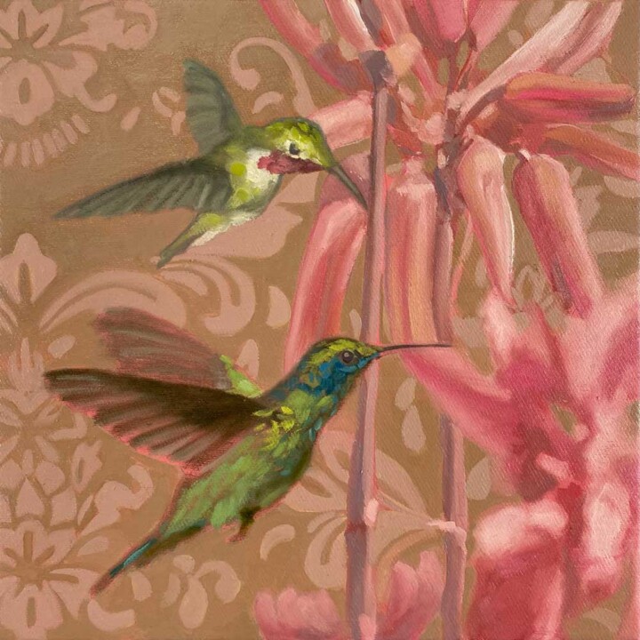 Malerei mit dem Titel "Kolibri und exotisc…" von Sandra Kolondam, Original-Kunstwerk, Öl Auf Keilrahmen aus Holz montiert