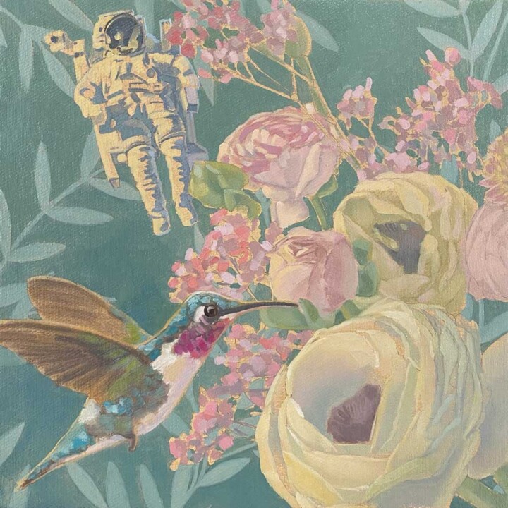 Pintura titulada "Astronaut und Kolib…" por Sandra Kolondam, Obra de arte original, Oleo Montado en Bastidor de camilla de m…