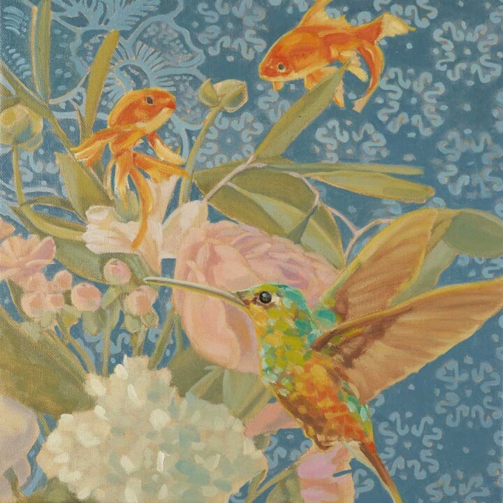 Pintura titulada "Fische und Kolibri" por Sandra Kolondam, Obra de arte original, Oleo Montado en Bastidor de camilla de mad…