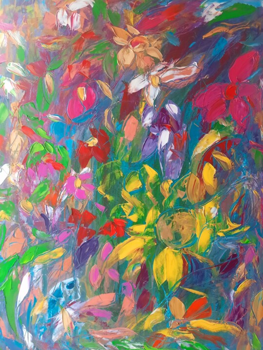 Peinture intitulée "Plume verte" par Sandra Land, Œuvre d'art originale, Huile