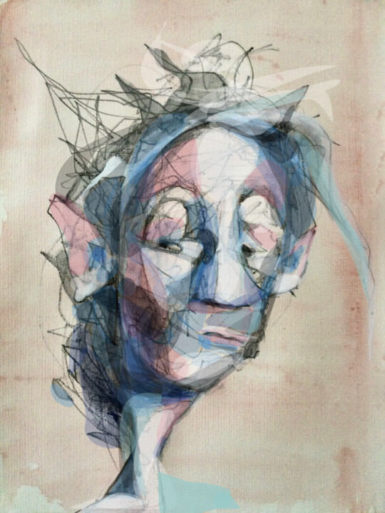 Arts numériques intitulée "confused head" par Sandra Ludwig, Œuvre d'art originale, Fusain