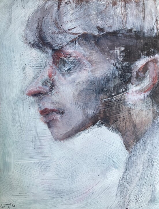 Картина под названием "Portrait in profile" - Sandra Ludwig, Подлинное произведение искусства, Акварель Установлен на Деревя…
