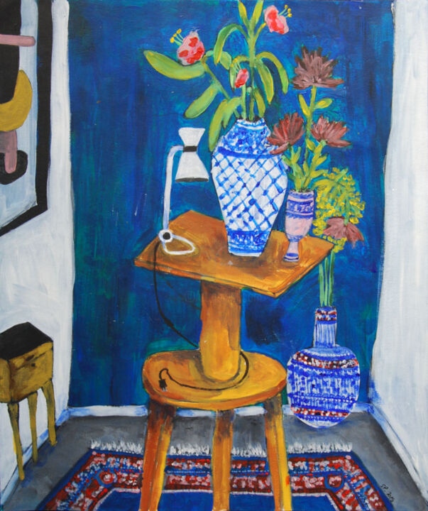 Peinture intitulée "La sellette au vase…" par Sandra Paris, Œuvre d'art originale, Acrylique
